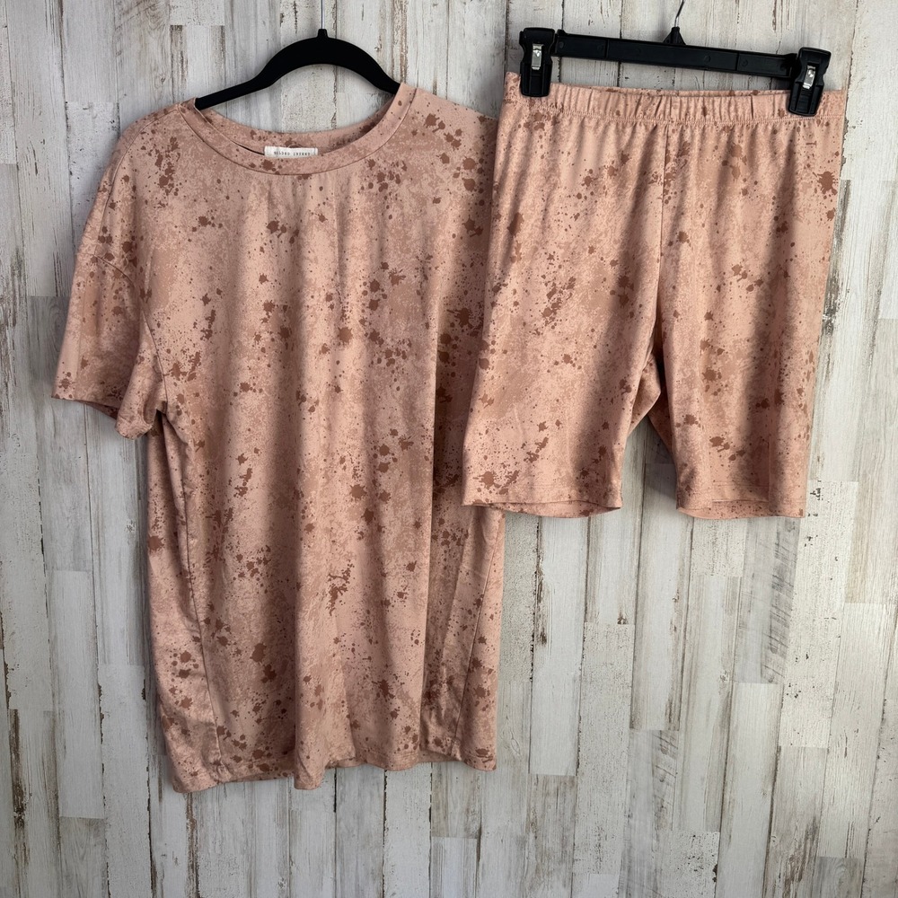 Gilded Intent Splatter Shirt Biker Short Set Womens Small Taupe Western Cowgirl